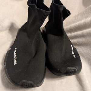Balenciaga Black Knit Sock Sneakers with White Logo Text